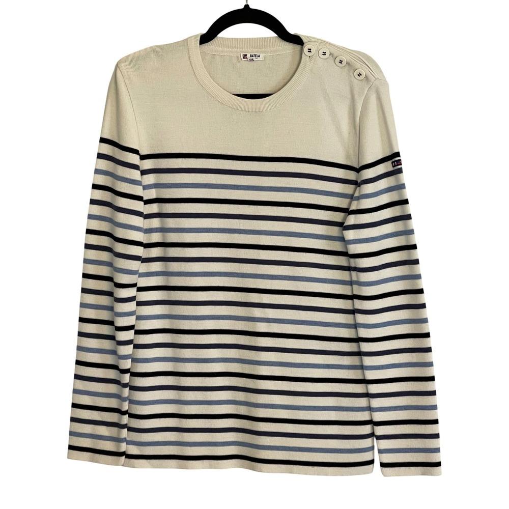 Batela Sea Style Nautical Striped Merino Wool Blend Button Shoulder Sweater‎